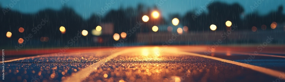 Poster A rain-soaked running track illuminated by lights, creating a moody atmosphere.