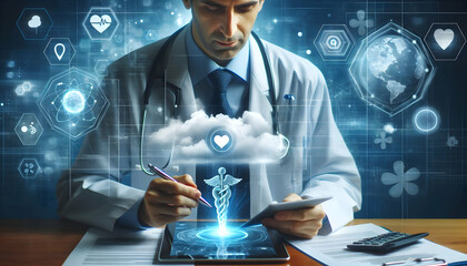 Medical A healthcare professional utilizing cloud computing to access patient data and improve healthcare d4
