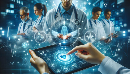 Medical A healthcare team using advanced digital devices to monitor and manage patient care, symbolizing th1