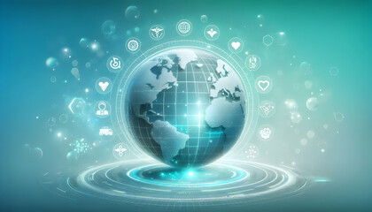 Medical A holographic globe with health icons floating around it, set against a gradient background transit3