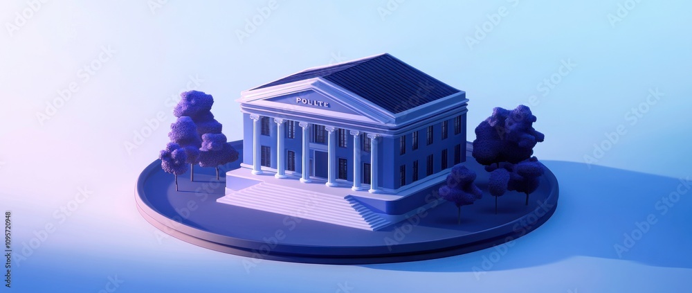 Poster A stylized 3D representation of a classical building surrounded by trees.