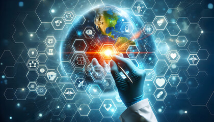 Medical A dynamic hexagonal framework representing the convergence of digital healthcare, telemedicine, and1