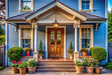 Vintage Style Front Porch Entryway of a Blue Country House with Light Brown Trim and Perfect Symmetry - Decorative Design Elements for an Inviting Entrance