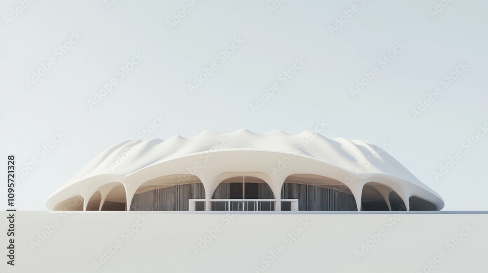 Aufkleber a modern architectural structure with a wave-like roof design and open entrance.