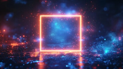 Obraz premium Glowing neon square frame with blue and orange particles.