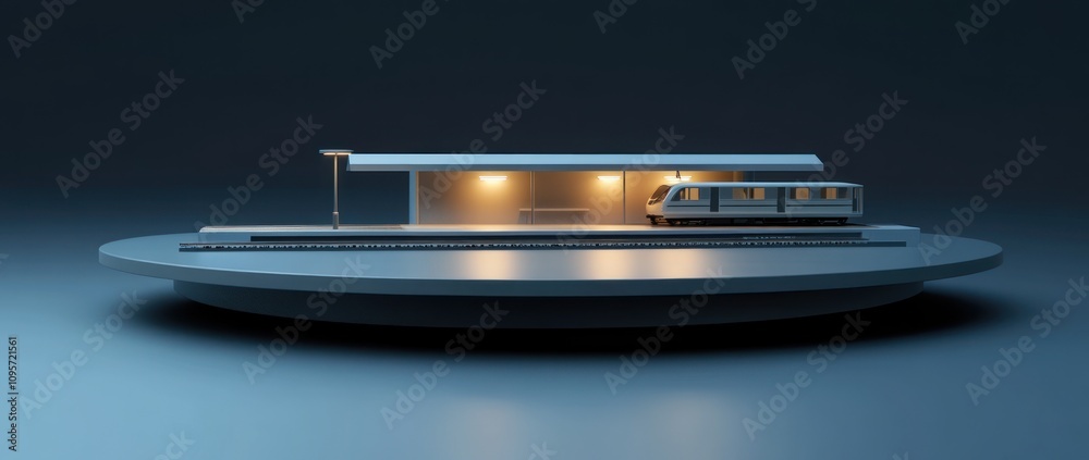 Poster A modern train station model with a sleek design and illuminated features.