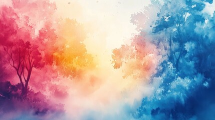 Fototapeta premium A vibrant watercolor landscape with colorful trees and a misty background.