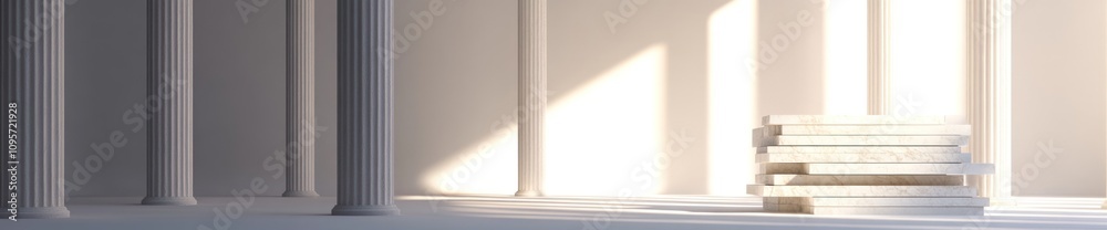 Aufkleber A serene interior with columns and a stack of books illuminated by soft light.