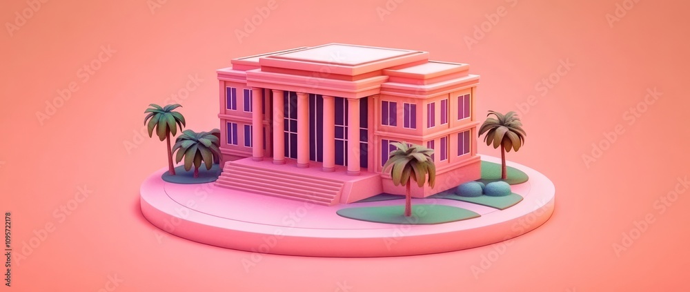 Aufkleber A stylized pink building with columns and palm trees on a circular base.