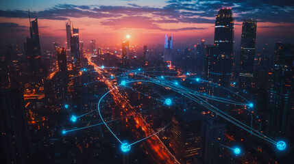 Fototapeta premium Smart digital Innovation city with connection network reciprocity over the cityscape. of future smart wireless digital city and social media networking systems that connects people with in city