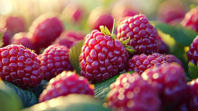 Ripe raspberries gleam in the morning sun at a local farm