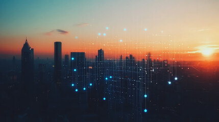 Smart digital Innovation city with connection network reciprocity over the cityscape. of future smart wireless digital city and social media networking systems that connects people with in city