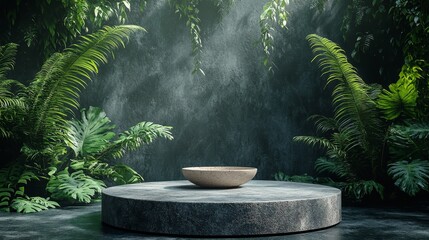 Stone Round Podium with a Bowl in Minimalistic Jungle Scene Featuring Ferns and Dark Concrete Wall, Hyperrealistic Rendering Style with Photorealistic Details