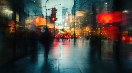 Fototapeta premium A blurred cityscape at night with traffic lights and pedestrians creating a dynamic scene.