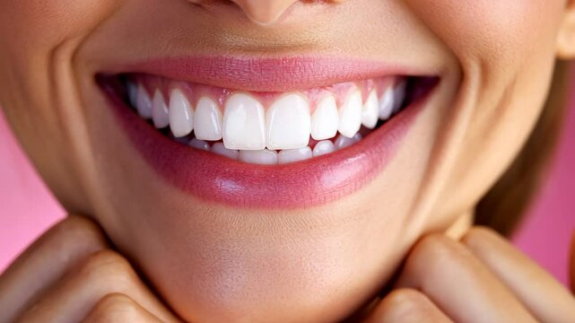 Close-up view reveals a woman's radiant smile showcasing healthy, white teeth against a pink background