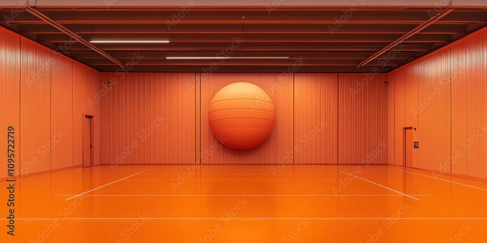 Poster a vibrant orange room featuring a large spherical object on the wall.