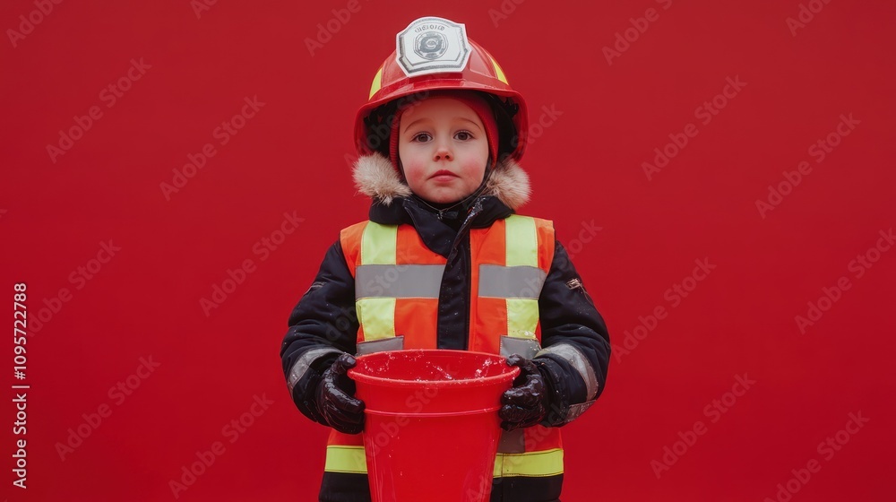 Poster A child dressed as a firefighter holds a bucket against a bright red background.