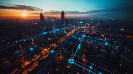 Fototapeta premium Smart digital Innovation city with connection network reciprocity over the cityscape. of future smart wireless digital city and social media networking systems that connects people with in city