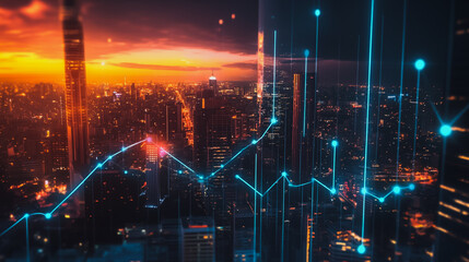 Smart digital Innovation city with connection network reciprocity over the cityscape. of future smart wireless digital city and social media networking systems that connects people with in city