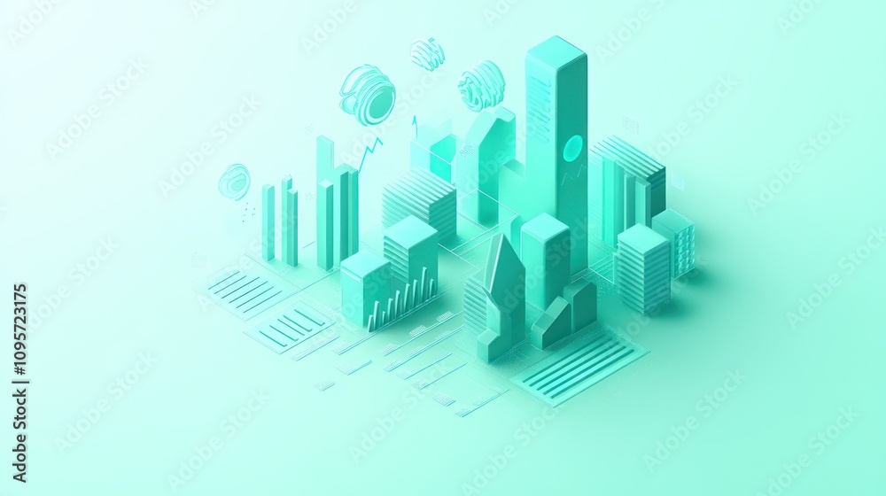 Fototapete abstract cityscape illustration with buildings and data visualizations in a mint color scheme.