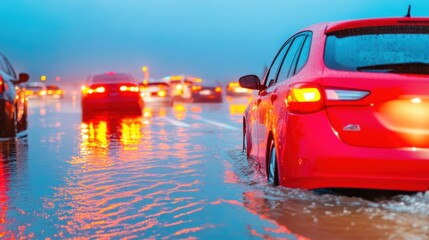 California highway during a flash flood, cars stalled in rising water,
