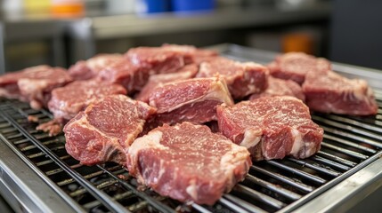Fresh cuts of meat laid out on a metal rack ready for grilling or cooking in a kitchen setting