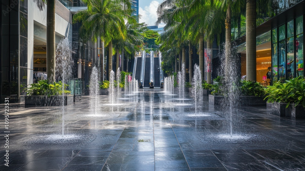Poster a serene urban plaza with fountains and palm trees, creating a refreshing atmosphere.
