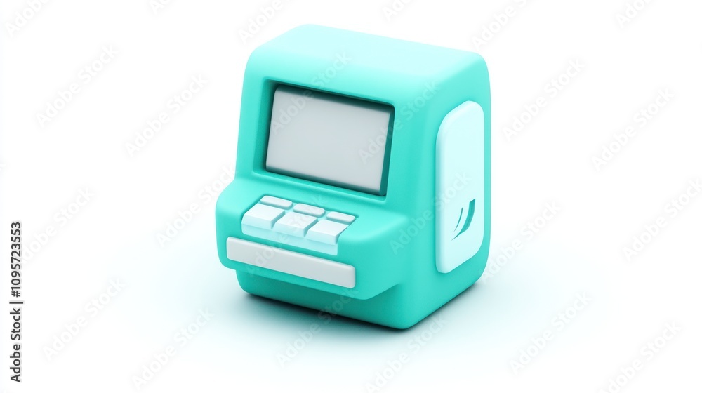 Aufkleber A small, teal-colored digital device resembling a retro computer or kiosk.