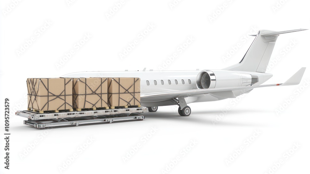 Poster A cargo plane with boxes ready for transport on a loading platform.
