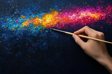 Fototapeta premium Confused emotion and complex, A hand paints a vibrant galaxy scene filled with swirling colors of blue, orange, and pink on a dark canvas, showcasing artistic creativity.