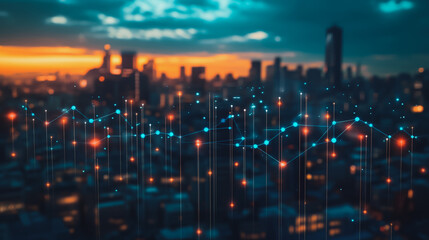 Fototapeta premium Smart digital Innovation city with connection network reciprocity over the cityscape. of future smart wireless digital city and social media networking systems that connects people with in city
