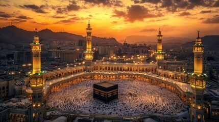 Fototapeta premium Wide view of the Grand Mosque in Makkah with the Kaaba at the center, majestic architecture, evening glow, bustling crowd of worshippers, dramatic skies