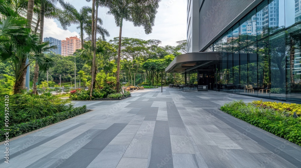 Poster Modern pathway leading to a sleek building surrounded by lush greenery.