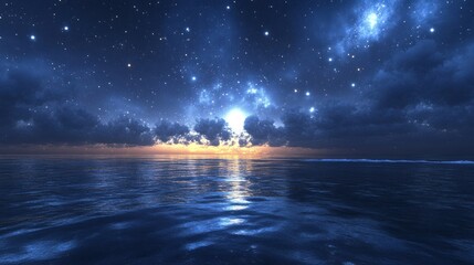 A serene ocean view under a starry night sky with clouds and a glowing horizon.