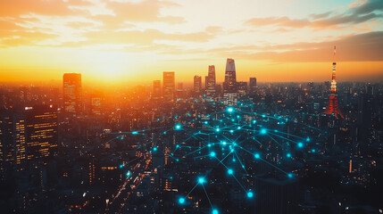 Obraz premium Smart digital Innovation city with connection network reciprocity over the cityscape. of future smart wireless digital city and social media networking systems that connects people with in city
