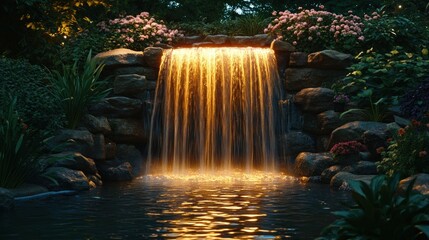 A serene waterfall illuminated by warm lights, surrounded by lush greenery and flowers.