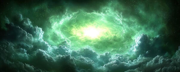 Obraz premium Ethereal Green Nebula Celestial Cloudscape Cosmic Background Fantasy Space