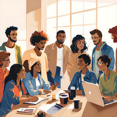 create an illustration of a group of diverse people gathered around a table they should be engaged