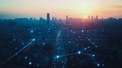 Smart digital Innovation city with connection network reciprocity over the cityscape. of future smart wireless digital city and social media networking systems that connects people with in city