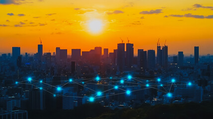 Fototapeta premium Smart digital Innovation city with connection network reciprocity over the cityscape. of future smart wireless digital city and social media networking systems that connects people with in city