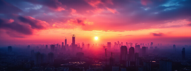 City building construction sites development and tower cranes.
