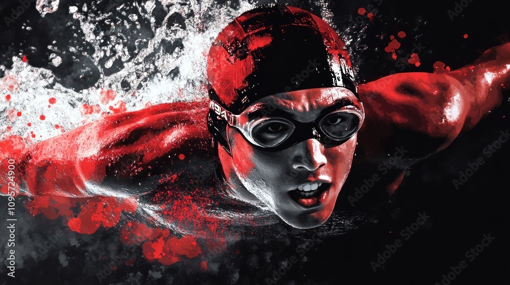Poster a swimmer in motion, showcasing intensity and determination against a dynamic background.