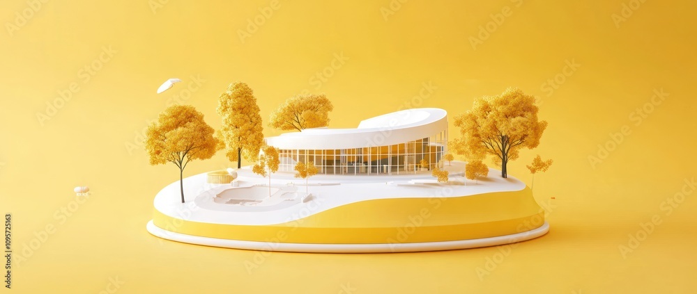 Poster a stylized architectural model surrounded by yellow trees and a serene landscape.