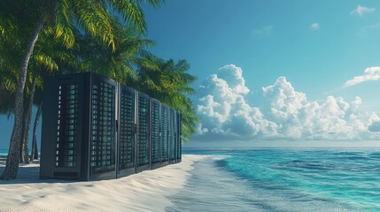 A data center on a tropical beach, blending technology with a serene environment.