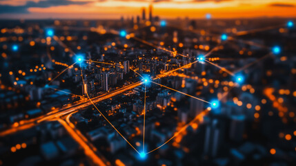Smart digital Innovation city with connection network reciprocity over the cityscape. of future smart wireless digital city and social media networking systems that connects people with in city