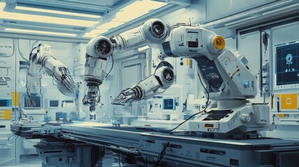 Advanced robotic arms in a high-tech laboratory setting, indicating automation and precision.