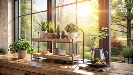 Stunning Metal Product Stand on Wooden Windowsill - Elegant Home Decor Showcase for Modern Interiors, Perfect for Product Photography and Lifestyle Branding