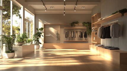 Sunlit minimalist clothing boutique.