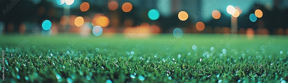 Poster a close-up view of dew-covered grass at dusk with blurred city lights in the background.