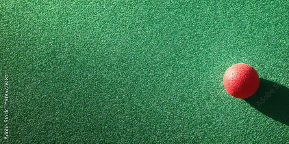 Poster A red ball resting on a green textured surface, creating a minimalistic visual effect.